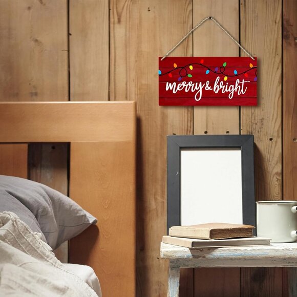 Merry And Bright Christmas Signs, Red Farmhouse Welcome Wooden 12x6 - New - Picture 2 of 3